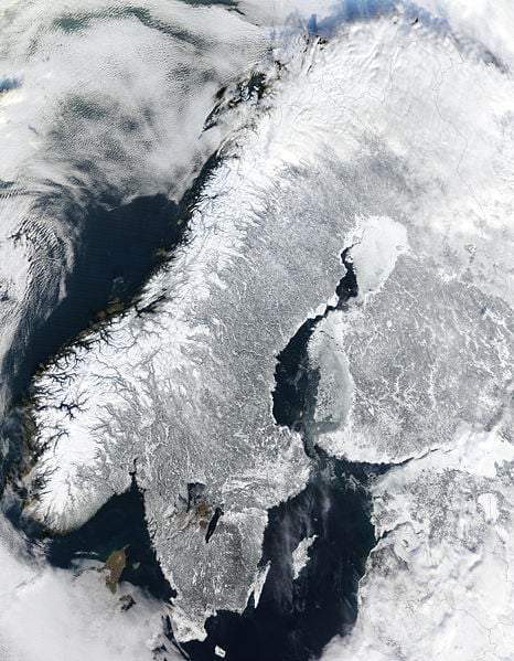 Scandinavian Peninsula in winter.