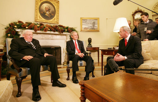 George W. Bush with Ian Paisley and Martin McGuiness at the St. Andrew's meeting, following which Paisley and McGuiness became First Minister and Deputy First Minister of Northern Ireland respectively.