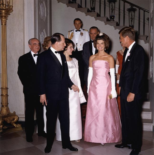 Jacqueline Bouvier Kennedy, May 11, 1962. Mrs. Kennedy wears candy pink silk-dupioni shantung gown designed by Guy Douvier for Christian Dior.