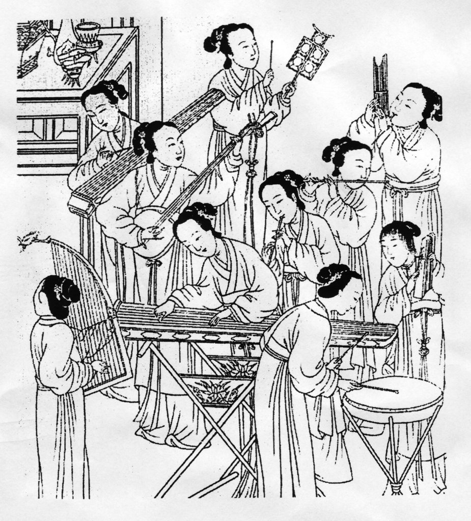 An ancient Chinese orchestra with several types of string instruments