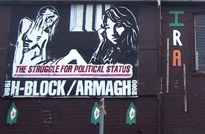 An IRA mural depicting the Hunger Strikes. Murals were used by both sides to mark out their territory; a type of apartheid system kept the communities physically apart, with education also segregated.