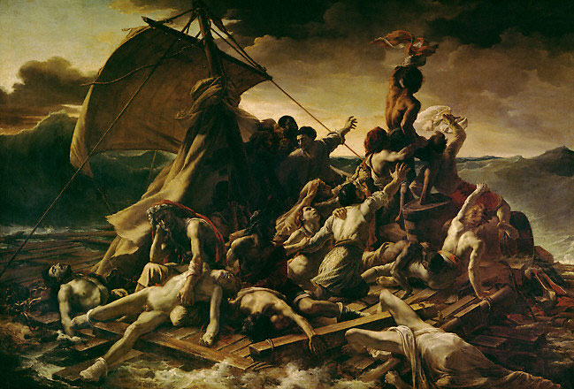 The Raft of the Medusa by Théodore Géricault, an oil on canvas hangs in the Musée du Louvre in Paris. The painting depicts a moment from the aftermath of the wreck of the French naval frigate Méduse, which ran aground off the coast of today's Mauritania on July 5, 1816. After 147 passengers were forced onto a raft, it was was abandoned by the other crew. The raft floated for 13 days, during which time most of its occupants died. Before the survivors were rescued they suffered from starvation, dehydration and madness. The event became an international scandal, and its cause was widely attributed to the incompetence of the French captain, who had been granted his post in an act of political favor by the court of the recently restored French monarchy.