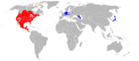 Native range in red, introduced range in blue
