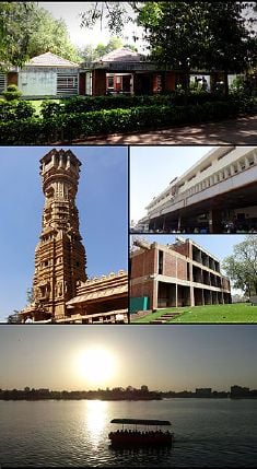 From top, clockwiseː Gandhi Smarak Sangrahalay, Ahmedabad Railway Station, CEPT University, Kankaria Lake and Kirti Stambh at Hutheesing Jain Temple.