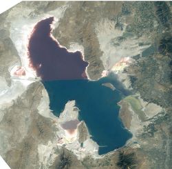 Great Salt Lake - Satellite photo in summer 2003 after five years of drought, reaching near-record lows.