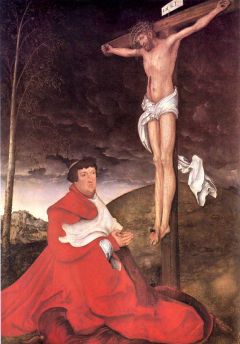 In the Renaissance, crucifix show a more optomistic figure of Christ with lowered eyes, not emphasizing his pain and suffering. Albrecht von Brandenburg by Lucas Cranach ca. C.E. 1520-25
