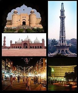 Clockwise from top: Alamgiri Gate at Lahore Fort, Minar-e Pakistan, WAPDA Building, Old Anarkali Food Street, and Badshahi Mosque.