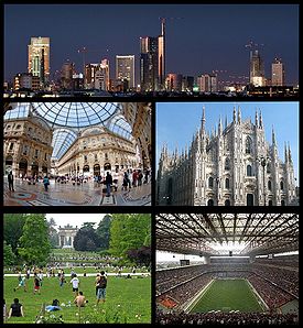 From top, clockwise: Porta Nuova Business District, Duomo, San Siro Stadium, Parco Sempione with the Arch of Peace in the background, Galleria Vittorio Emanuele II