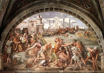 The Battle of Ostia, traditionally attributed to Raphael but now thought to be by one of his assistants c. 1514-1515. Pope Leo IV is pictured at the far left.