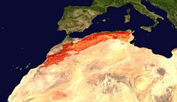 Location of the Atlas Mountains (colored red) across North Africa