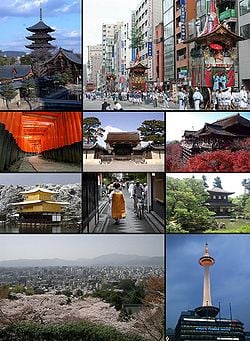 From top left: Tō-ji, Gion Matsuri in modern Kyoto, Fushimi Inari-taisha, Kyoto Imperial Palace, Kiyomizu-dera, Kinkaku-ji, Pontochō and Maiko, Ginkaku-ji, Cityscape from Higashiyama and Kyoto Tower