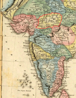Malwa (highlighted) as per 1823 depiction of India by Fielding Lucas Jr..