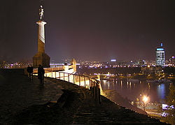 Pobednik monument in Kalemegdan, overlooking the skyline of Novi Beograd
