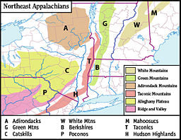Map of the main regions of the northeast Appalachians.
