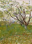 A field on an early spring day with several lightly blooming trees in the left and in the distance contrasted against a pale sky. To the right middle ground is a large single tree with several growing branches in early bloom. A rake leans against the tree-trunk.