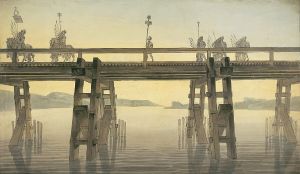A painting of Caesar's Rhine river Bridge