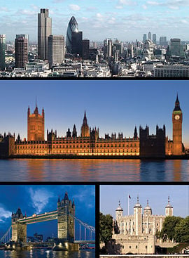 Top: City of London skyline, Middle: Palace of Westminster, Bottom left: Tower Bridge, Bottom right: Tower of London.