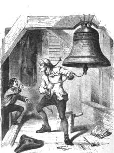 An elderly man looks excitedly around as a boy enters a bell chamber. The old man holds a rope leading to the Liberty Bell in his hand.