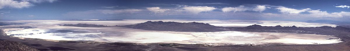Panoramic view of the salt flats of the Great Salt Lake Desert.