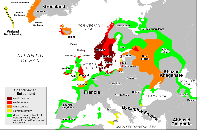 Map showing in green areas constantly subjected to Viking raids. Normandy is colored Orange. Areas of Scandinavian settlement are indicated by the colors brown (8th century), red (9th), orange (10th) and yellow (11th century, when Emma was alive.)