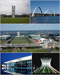 From upper left: National Congress of the Federative Republic of Brazil, Juscelino Kubitschek bridge, Monumental Axis, Palácio da Alvorada and Cathedral of Brasília.