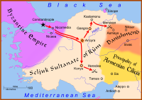 A map of western Anatolia, showing the routes taken by Christian armies during the crusade of 1101