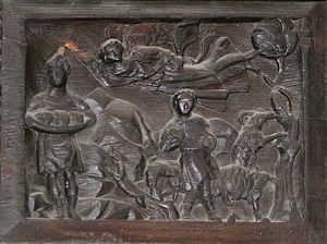Panel from door of Santa Sabina prophet Habakkuk, having prepared a dinner of lamb and bread, being seized by an angel to take him through the air to Babylon, in order to save Daniel from being eaten by lions