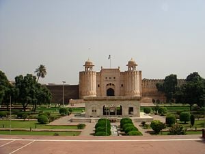 Alamgiri Gate - Main Entrance to Lahore Fort, with Hazuri Bagh Pavilion in foreground