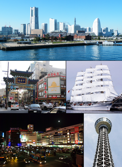 From top left: Minato Mirai 21, Yokohama Chinatown, Nippon Maru, Yokohama Station, Yokohama Marine Tower