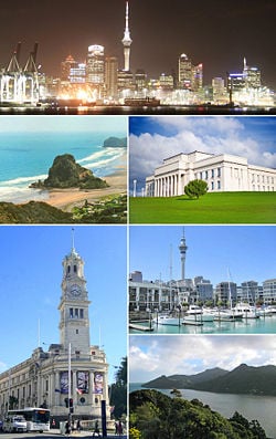* top: Downtown Auckland * upper left: Piha * bottom left: Auckland Town Hall * upper right: Auckland Museum * centre right: Viaduct Harbour * bottom right: Waitakere Ranges