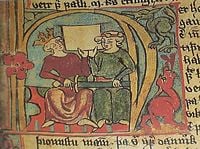 An illustration of Hákon, King of Norway, and his son Magnus, from Flateyjarbók