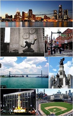 Images from top to bottom, left to right: Downtown Detroit skyline, Spirit of Detroit, Greektown, Ambassador Bridge, Michigan Soldiers' and Sailors' Monument, Fox Theatre, and Comerica Park.