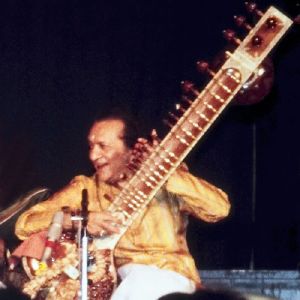 A man sits cross-legged and holds a long-necked lute while looking to the side.