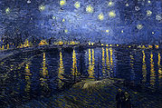 The top of the painting is a dark blue night sky with many bright stars shining brightly surrounded by white halos. Along the distant horizon are houses and buildings with lights that are shining so brightly that they are casting yellow reflections on the dark blue river below. The bottom half shows the Rhone river with reflected lights showing throughout the river. In the foreground we can see a shallow wave.