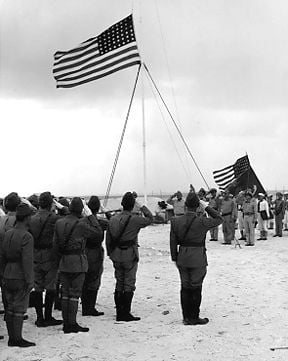 The surrender of the Japanese garrison on Wake Island - September 4, 1945. Shigematsu Sakaibara is the Japanese officer in the right-foreground.