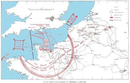 A map of southern Britain, northern France and Belgium, marked with the routes the Allied air and naval invasion forces used in the D-Day landings, areas where Allied aircraft patrolled, locations of railway targets that were attacked, and areas where airfields could be built