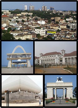 Clockwise from top: skyline of the city, the Supreme Court of Ghana, Independence Square, the National Theatre and the Independence Arch.