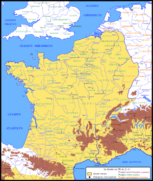 Map of France, now all of France and the low countries are shaded yellow, conquered fully by Rome.
