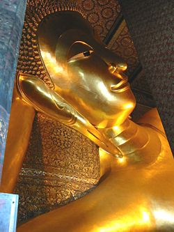 The head of the Reclining Buddha at Wat Pho in Bangkok