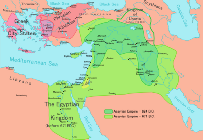 The Assyrian Empire, with areas in light green representing its expansion under Ashurbanipal