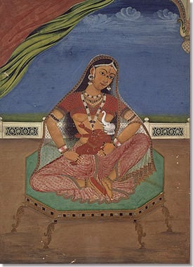 Parvati suckling baby Ganesha. Watercolor on paper (ca. 1820)