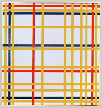 A painting of yellow, red, and blue lines arranged in a woven lattice or grid-like pattern.