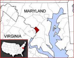 Location of Washington, D.C., in the United States and in relation to the states of Maryland and Virginia.