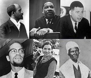 Top left: W. E. B. Du Bois; Top center: Martin Luther King, Jr.; Top right: Edward Brooke; Bottom left: Malcolm X; Bottom center: Rosa Parks; Bottom right: Sojourner Truth