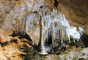The forces of water decorated the cave in an almost endless array of spectacular limestone formations like this column and array of stalactites.