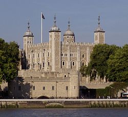 The Tower of London, seen from the River Thames, with a view of the water gate called "Traitors Gate"