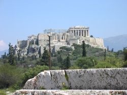 The Acropolis of Athens, seen from the hill of the Pnyx to the west.