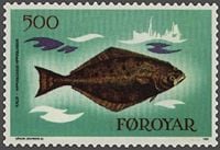 Photo of a stamp displaying a painting of the brown side of a halibut