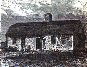 A lithograph of a small, one and a half story shingled house