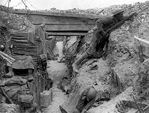 A British trench near the Albert-Bapaume road at Ovillers-La Boisselle, July 1916 during the Battle of the Somme. The men are from A Company, 11th Battalion, The Cheshire Regiment.